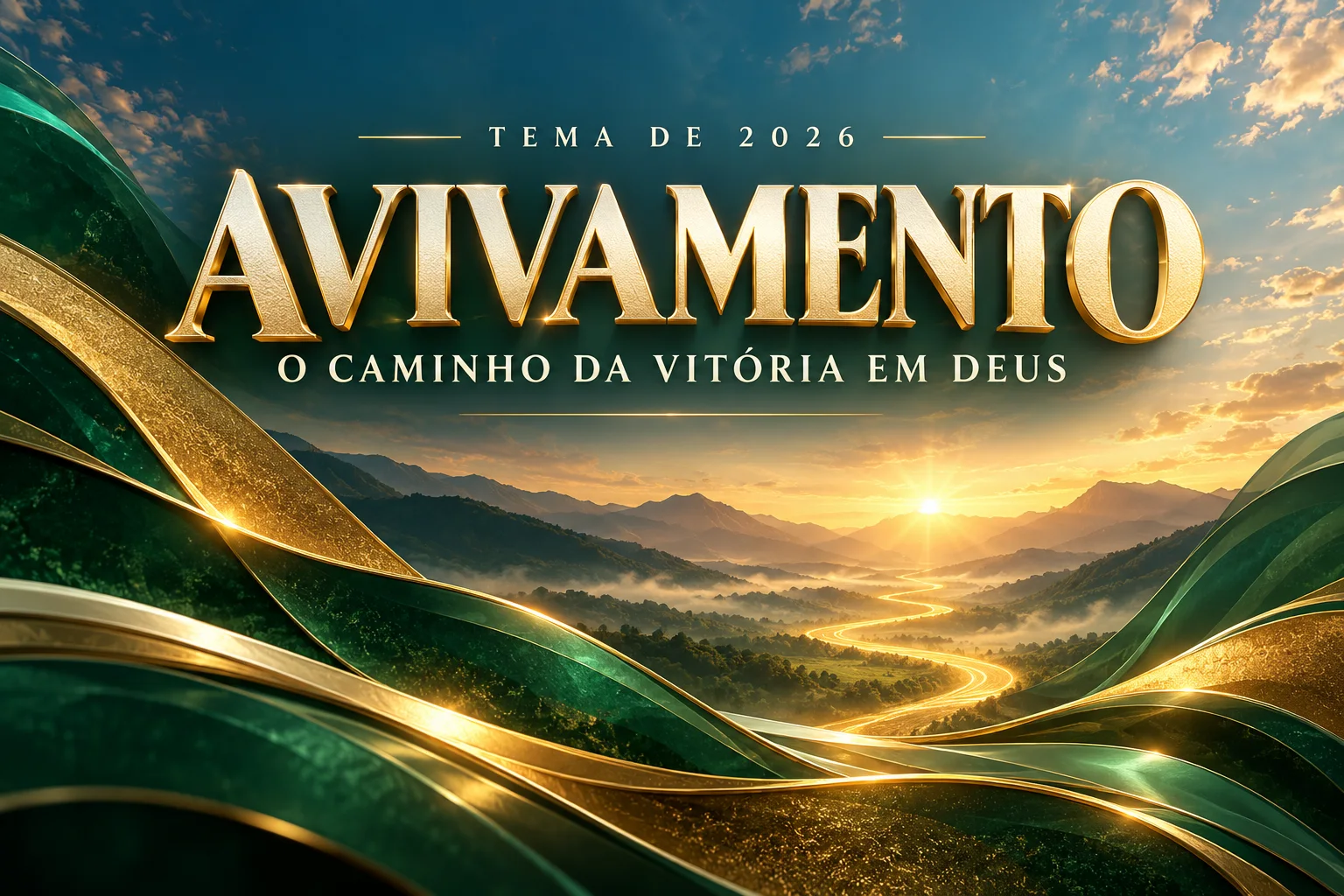 Tema de 2026: Avivamento — o caminho da vitória em Deus, sobre paisagem iluminada
